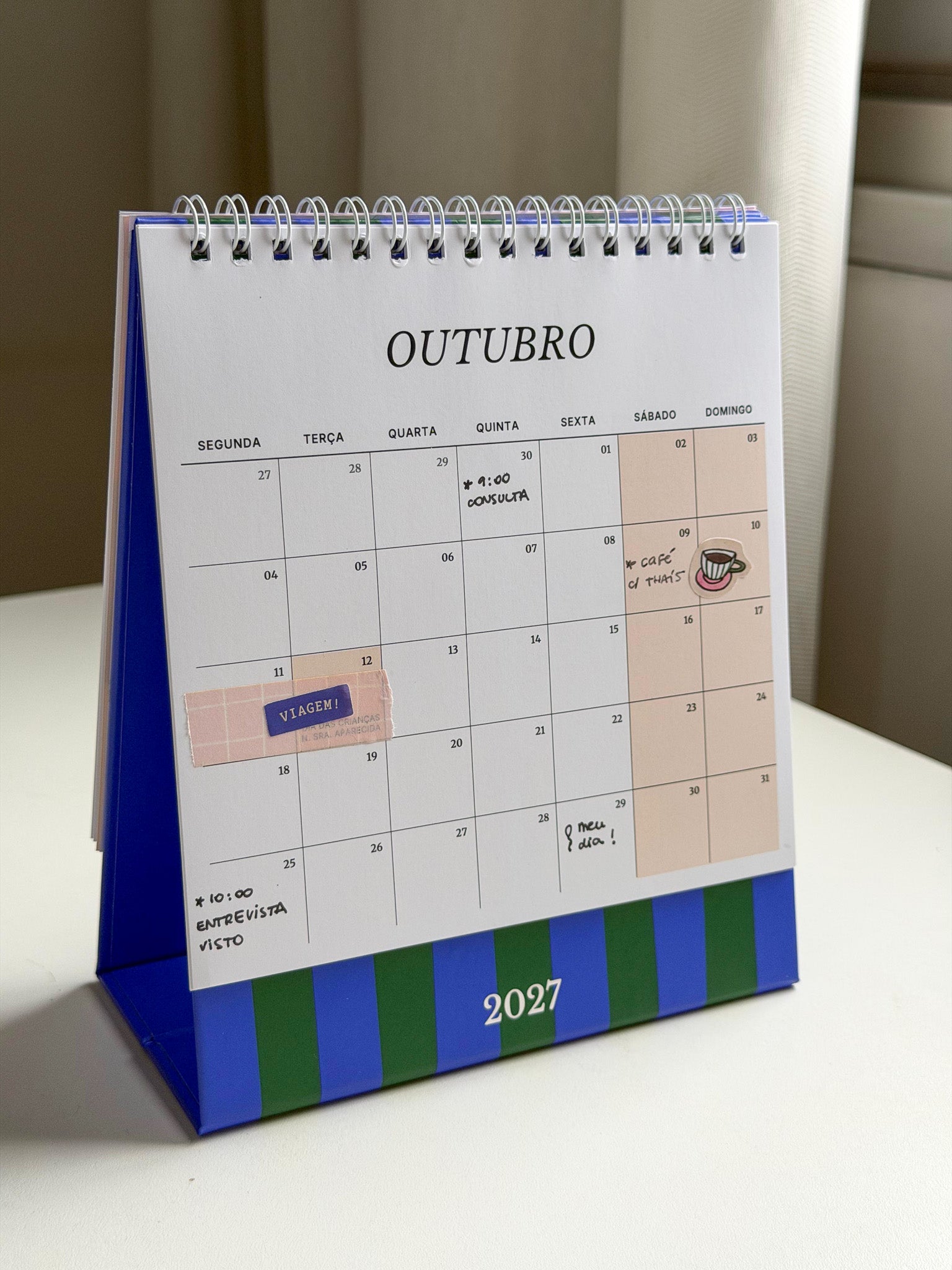 Calendário de Mesa 2027 Verde Azul